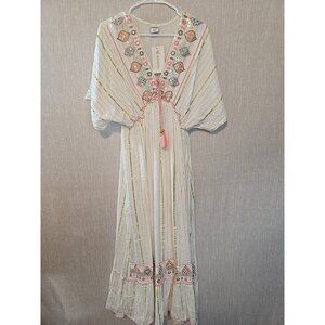 ananta size L/XL cream Boho flowy maxi dress embroidered gold striped New